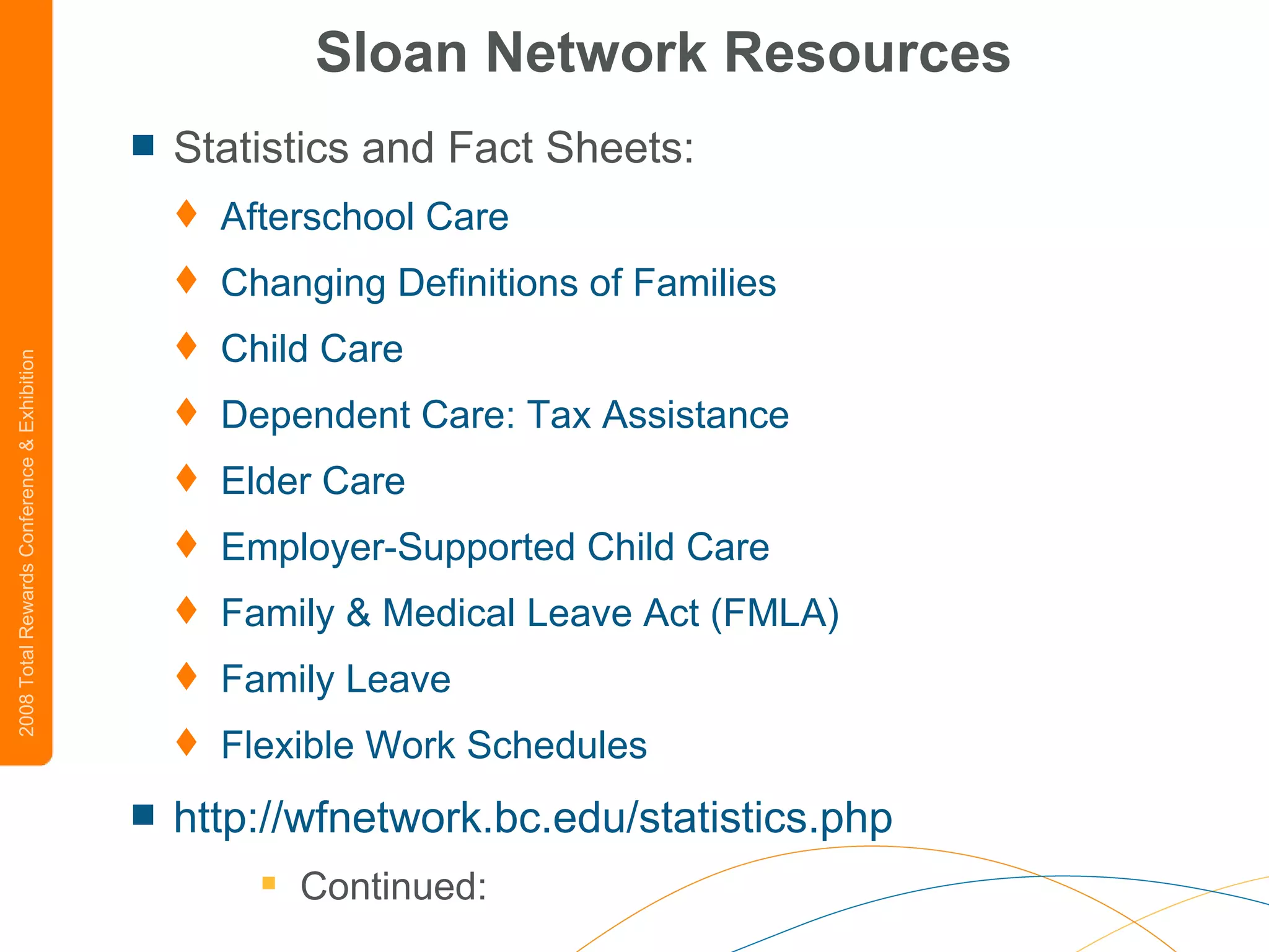 Sloan Network Resources Statistics and Fact Sheets: Afterschool  Care   Changing Definitions of Families   Child Care   Dependent Care: Tax Assistance   Elder Care   Employer-Supported Child Care   Family & Medical Leave Act (FMLA)   Family Leave   Flexible Work Schedules   http://wfnetwork.bc.edu/statistics.php Continued: 