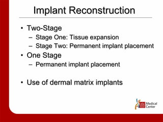 Implant Reconstruction Two-Stage Stage One: Tissue expansion Stage Two: Permanent implant placement One Stage Permanent implant placement Use of dermal matrix implants 