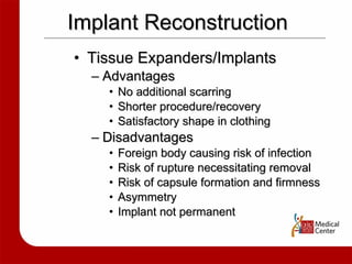 Implant Reconstruction Tissue Expanders/Implants Advantages No additional scarring Shorter procedure/recovery Satisfactory shape in clothing Disadvantages Foreign body causing risk of infection Risk of rupture necessitating removal Risk of capsule formation and firmness Asymmetry Implant not permanent 