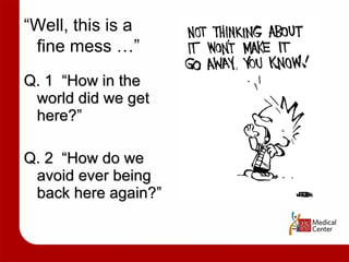 Q. 1  “How in the world did we get here?” Q. 2  “How do we avoid ever being back here again?” “ Well, this is a fine mess …” 