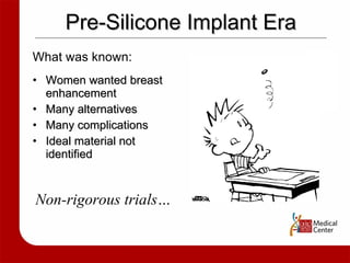 Pre-Silicone Implant Era Women wanted breast enhancement Many alternatives Many complications Ideal material not identified Non-rigorous trials… What was known: 