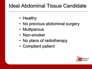 Ideal Abdominal Tissue Candidate Healthy No previous abdominal surgery Multiparous Non-smoker No plans of radiotherapy Compliant patient 