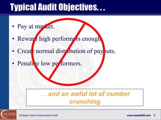 Typical Audit Objectives. . .

• Pay at market.
• Reward high performers enough.
• Create normal distribution of payouts.
...