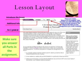 Lesson Layout Introduces  the lesson Assignment Additional Info Make sure you answer all Parts in the assignment. 