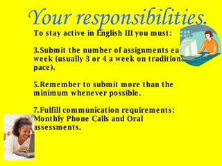 Your responsibilities. To stay active in English III you must: Submit the number of assignments each week (usually 3 or 4 a week on traditional pace). Remember to submit more than the minimum whenever possible. Fulfill communication requirements:  Monthly Phone Calls and Oral assessments. 