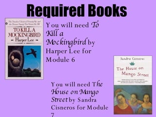 Required Books You will need  To Kill a Mockingbird  by Harper Lee for Module 6 You will need T he House on Mango Street  by Sandra Cisneros for Module 7 