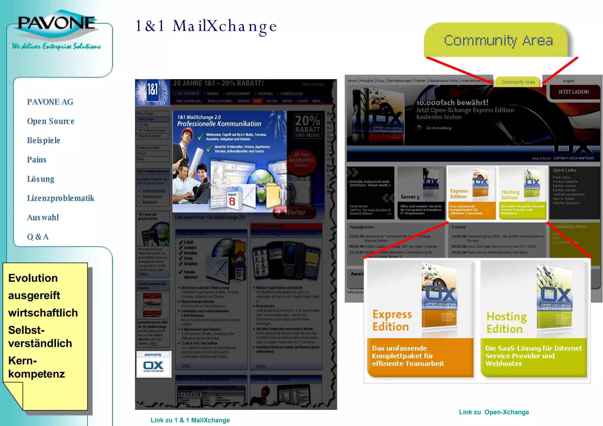 1&1 MailXchange  Link zu 1 & 1 MailXchange Link zu  Open-Xchange Evolution ausgereift wirtschaftlich Selbst-verständlich Kern-kompetenz 