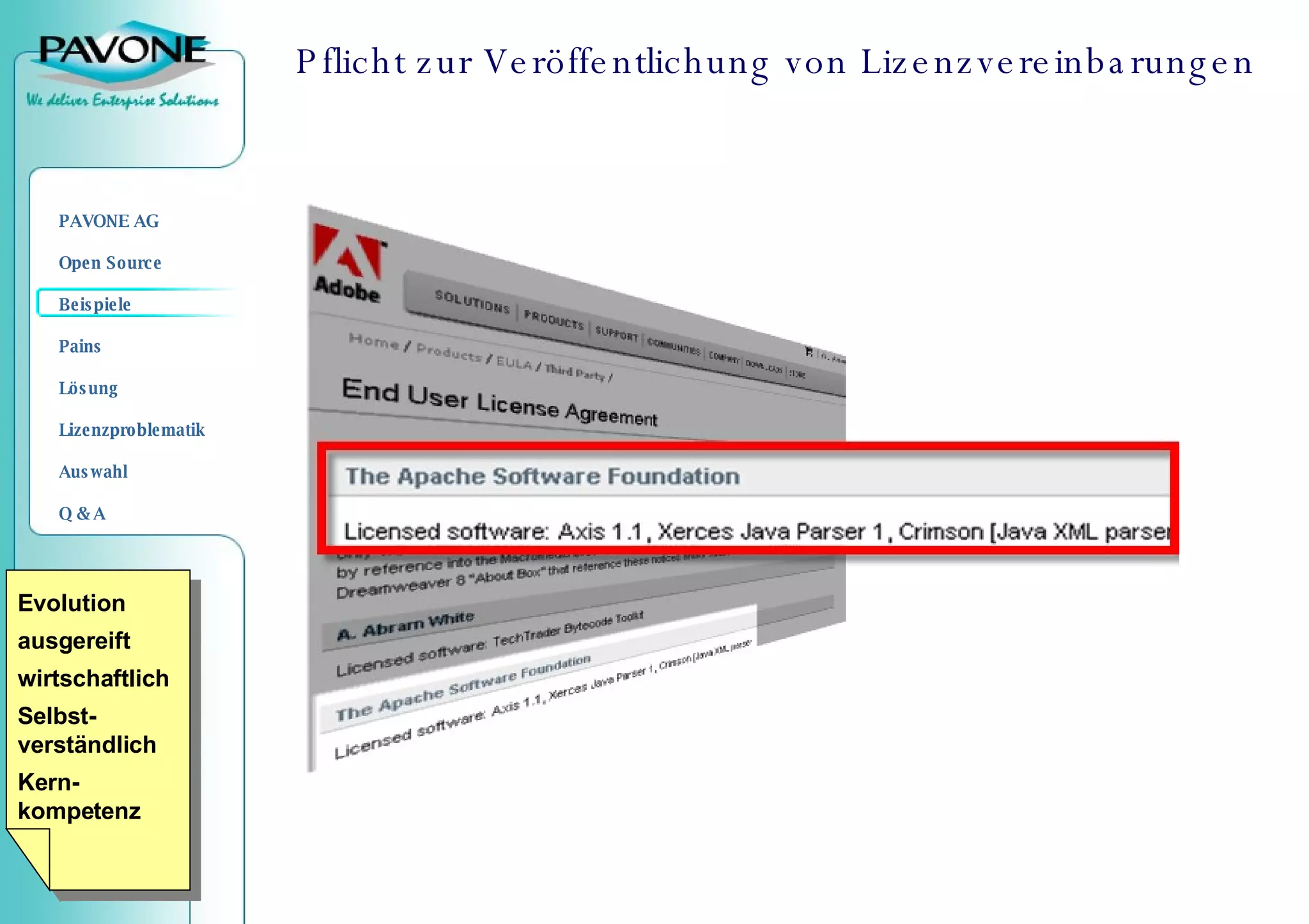 Pflicht zur Veröffentlichung von Lizenzvereinbarungen Evolution ausgereift wirtschaftlich Selbst-verständlich Kern-kompetenz 