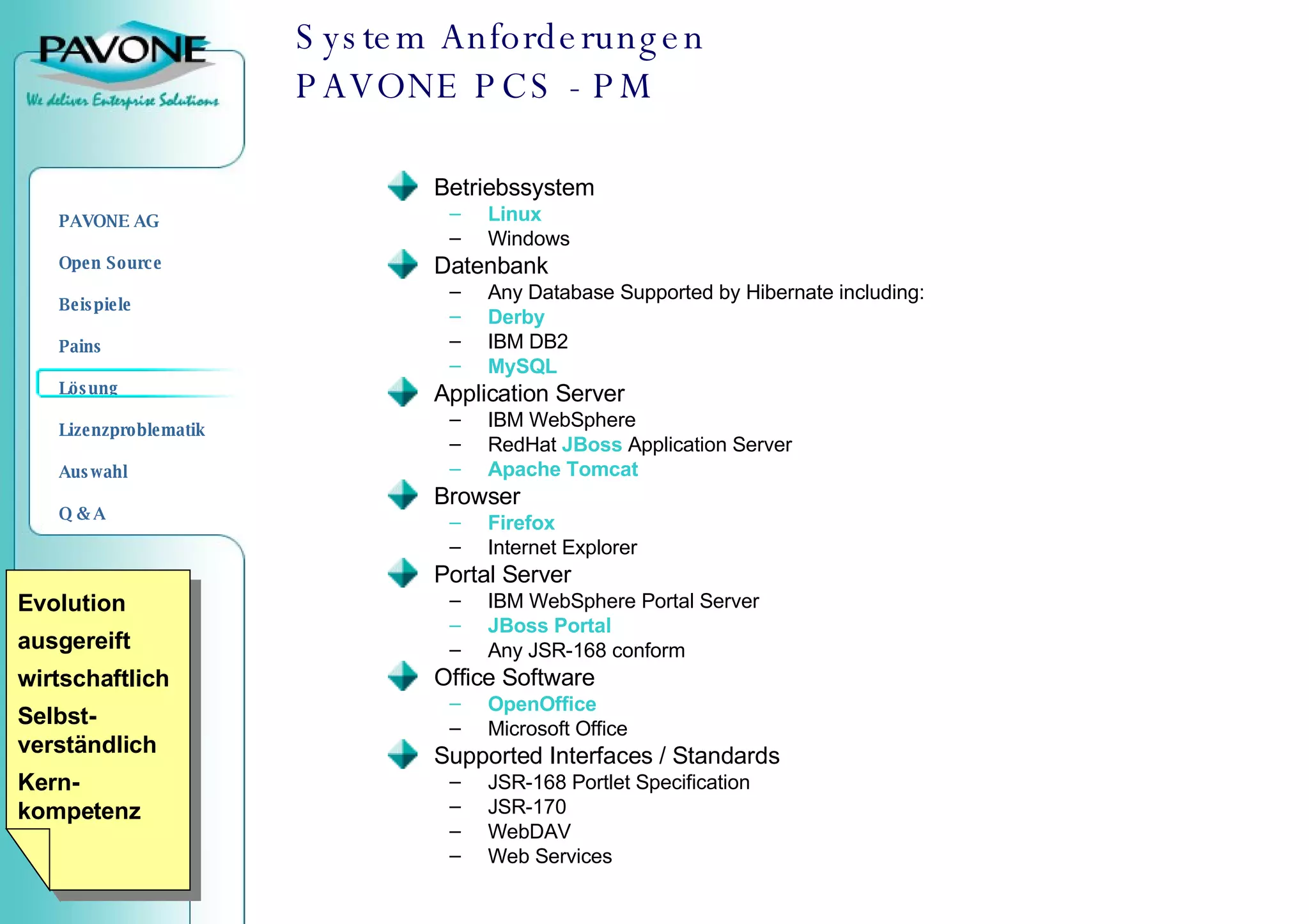System Anforderungen  PAVONE PCS - PM Betriebssystem Linux Windows  Datenbank Any Database Supported by Hibernate including: Derby IBM DB2 MySQL Application Server IBM WebSphere RedHat  JBoss  Application Server Apache Tomcat Browser Firefox Internet Explorer  Portal Server IBM WebSphere Portal Server JBoss Portal Any JSR-168 conform Office Software OpenOffice Microsoft Office Supported Interfaces / Standards JSR-168 Portlet Specification JSR-170 WebDAV Web Services Evolution ausgereift wirtschaftlich Selbst-verständlich Kern-kompetenz 