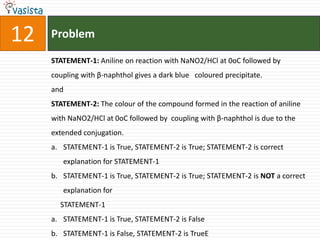 Problem12STATEMENT-1: Aniline on reaction with NaNO2/HCl at 0oC followed by coupling with β-naphthol gives a dark blue   coloured precipitate.andSTATEMENT-2: The colour of the compound formed in the reaction of aniline with NaNO2/HCl at 0oC followed by  coupling with β-naphthol is due to the extended conjugation.STATEMENT-1 is True, STATEMENT-2 is True; STATEMENT-2 is correct explanation for STATEMENT-1STATEMENT-1 is True, STATEMENT-2 is True; STATEMENT-2 is NOT a correct explanation for     STATEMENT-1STATEMENT-1 is True, STATEMENT-2 is FalseSTATEMENT-1 is False, STATEMENT-2 is TrueE