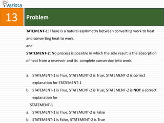Problem13TATEMENT-1: There is a natural asymmetry between converting work to heat and converting heat to work.andSTATEMENT-2: No process is possible in which the sole result is the absorption of heat from a reservoir and its  complete conversion into work.STATEMENT-1 is True, STATEMENT-2 is True; STATEMENT-2 is correct explanation for STATEMENT-1STATEMENT-1 is True, STATEMENT-2 is True; STATEMENT-2 is NOT a correct explanation for    STATEMENT-1STATEMENT-1 is True, STATEMENT-2 is FalseSTATEMENT-1 is False, STATEMENT-2 is True