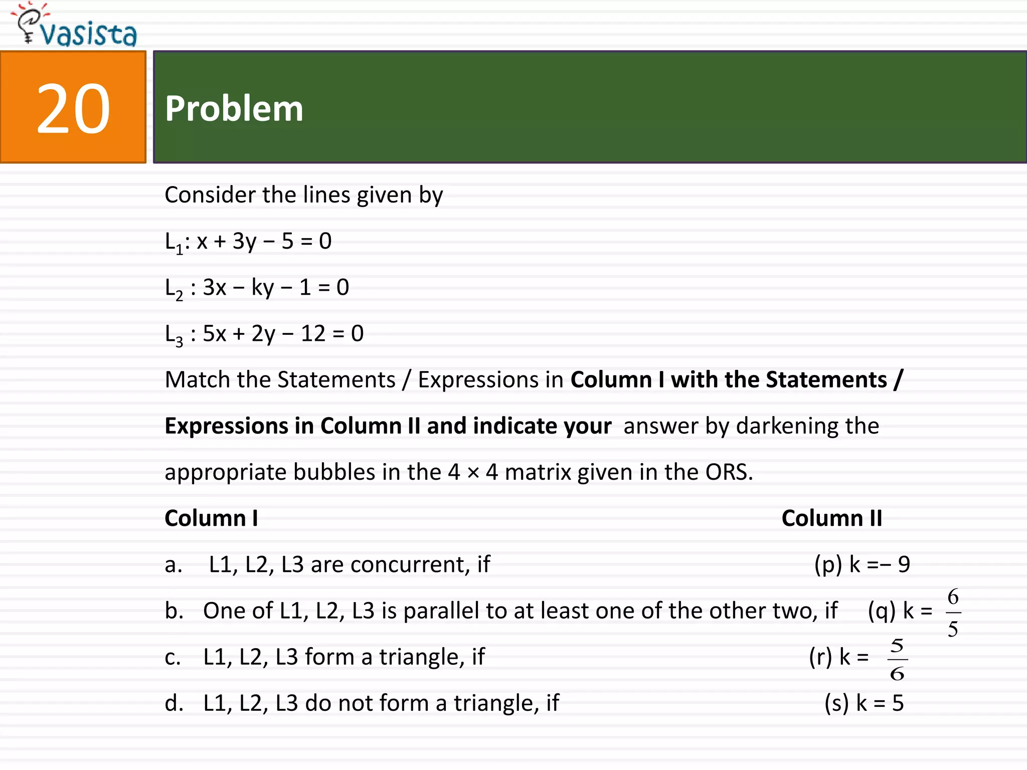 Problem20Consider the lines given byL1: x + 3y − 5 = 0L2 : 3x − ky − 1 = 0L3 : 5x + 2y − 12 = 0Match the Statements / Expressions in Column I with the Statements / Expressions in Column II and indicate your  answer by darkening the  appropriate bubbles in the 4 × 4 matrix given in the ORS.Column I                                                                                         Column II L1, L2, L3 are concurrent, if                                                       (p) k =− 9One of L1, L2, L3 is parallel to at least one of the other two, if     (q) k = L1, L2, L3 form a triangle, if                                                       (r) k =L1, L2, L3 do not form a triangle, if                                             (s) k = 5