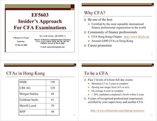 EF5603 
Insider’s Approach 
For CFA Examinations 
Dr. LAM Yat-fai (林日辉博士) 
Doctor of Business Administration (Finance) 
CFA, CAIA, FRM, PRM, MCSE, MCNE 
PRMIA Award of Merit 2005 
E-mail: quanrisk@gmail.com 
2:00 pm to 3:15 pm 
Saturday 
15 March 2008 
2 
Why CFA? 
 Be one of the best 
 Certified by the most reputable international 
finance professional organization in the world 
 Community of finance professionals 
 CFA Hong Kong Chapter http://www.hksfa.org 
 Around 4,000 CFAs in Hong Kong 
 Career promotion 
3 
CFAs in Hong Kong 
HSBC 150 
UBS AG 120 
Morgan Stanley 68 
Goldman Sachs 61 
Merrill Lynch 59 
BNP 48 
4 
To be a CFA 
 Pass 3 levels of 6-hour full day exams 
 Minimum 2.5 to 3 years to complete 
 Passing rate ranges from 3x% to 6x% 
 On average 4 years to complete 
  20% candidates completed 3 levels within 5 years 
 4 years of recognized professional experiences 
certified by your supervisory and another CFA 
http://www.cfainstitute.org/cfaprog/resources 
 