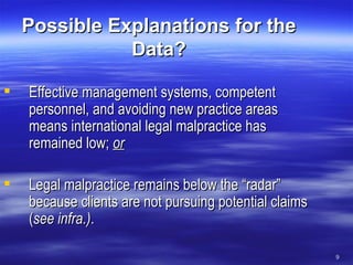 Possible Explanations for the Data? Effective management systems, competent personnel, and avoiding new practice areas means international legal malpractice has remained low;  or Legal malpractice remains below the “radar” because clients are not pursuing potential claims ( see infra.) . 