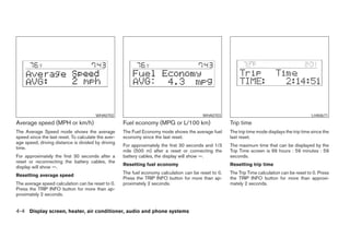WHA0702                                           WHA0703                                               LHA0671
Average speed (MPH or km/h)                          Fuel economy (MPG or L/100 km)                    Trip time
The Average Speed mode shows the average             The Fuel Economy mode shows the average fuel      The trip time mode displays the trip time since the
speed since the last reset. To calculate the aver-   economy since the last reset.                     last reset.
age speed, driving distance is divided by driving
                                                     For approximately the first 30 seconds and 1/3    The maximum time that can be displayed by the
time.
                                                     mile (500 m) after a reset or connecting the      Trip Time screen is 99 hours : 59 minutes : 59
For approximately the first 30 seconds after a       battery cables, the display will show —.          seconds.
reset or reconnecting the battery cables, the
                                                     Resetting fuel economy                            Resetting trip time
display will show —.
                                                     The fuel economy calculation can be reset to 0.   The Trip Time calculation can be reset to 0. Press
Resetting average speed
                                                     Press the TRIP INFO button for more than ap-      the TRIP INFO button for more than approxi-
The average speed calculation can be reset to 0.     proximately 2 seconds.                            mately 2 seconds.
Press the TRIP INFO button for more than ap-
proximately 2 seconds.


4-4 Display screen, heater, air conditioner, audio and phone systems




                                                                                 ੬ REVIEW COPY—2008 Maxima (max)
                                                                                 Owners Manual—USA_English (nna)
                                                                                 06/08/07—debbie ੭
 