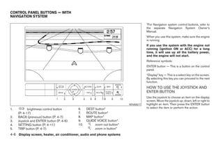 CONTROL PANEL BUTTONS — WITH
NAVIGATION SYSTEM

                                                                                  *For Navigation system control buttons, refer to
                                                                                  the separate Navigation System Owner’s
                                                                                  Manual.
                                                                                  When you use this system, make sure the engine
                                                                                  is running.
                                                                                  If you use the system with the engine not
                                                                                  running (ignition ON or ACC) for a long
                                                                                  time, it will use up all the battery power,
                                                                                  and the engine will not start.
                                                                                  Reference symbols:
                                                                                  ENTER button — This is a button on the control
                                                                                  panel.
                                                                                  “Display” key — This is a select key on the screen.
                                                                                  By selecting this key you can proceed to the next
                                                                                  function.
                                                                                  HOW TO USE THE JOYSTICK AND
                                                                                  ENTER BUTTON
                                                                                  Use the joystick to choose an item on the display
                                                                                  screen. Move the joystick up, down, left or right to
                                                                        WHA0677   highlight an item. Then press the ENTER button
1.          brightness control button     6.    DEST button*                      to select the item or perform the action.
     (P. 4-17)                            7.    ROUTE button*
2.   BACK (previous) button (P. 4-7)      8.    MAP button*
3.   Joystick and ENTER button (P. 4-6)   9.    GUIDE VOICE button*
4.   SETTING button (P. 4-11)             10.        zoom out button*
5.   TRIP button (P. 4-7)                            zoom in button*
4-6 Display screen, heater, air conditioner, audio and phone systems




                                                                   ੬ REVIEW COPY—2008 Maxima (max)
                                                                   Owners Manual—USA_English (nna)
                                                                   06/09/07—cathy ੭
 
