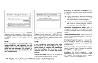 Sensitivity of automatic headlights: Select
                                                                                                          to change the sensitivity setting of the automatic
                                                                                                          headlights:
                                                                                                           ● Lower: less sensitive, automatic headlights
                                                                                                             will take longer to come on when the head-
                                                                                                             light sensor senses less ambient light.
                                                                                                           ● Higher: more sensitive, automatic headlights
                                                                                                             will come on quicker when the headlight
                                                                                                             sensor senses less ambient light.
                                                                                                          Automatic headlights off delay: Select to
                                                                                                          change the setting for the length of time the
                                                                                                          automatic headlights remain on after exiting the
                                        LHA0675                                               LHA0565     vehicle.
Keyless remote response — horn: Select to           Keyless remote response — lights: Select to           Speed dependent wiper: Select to turn on or
turn on or turn off the horn chirp mode used when   turn on or turn off the hazard indicator flash mode   turn off the driving speed dependent intermittent
the LOCK button on the Intelligent Key is           used when the LOCK or UNLOCK button on the            wiper function.
pressed.                                            Intelligent Key is pressed.
                                                                                                          Intelligent Key lock response — sound: Se-
NOTE:                                               NOTE:                                                 lect to change the sound of the Intelligent Key
                                                                                                          mode used when a request switch is pushed to
If you change the horn beep or the lamp             If you change the horn beep or the lamp               lock the doors.
flash feature with the Intelligent Key, the         flash feature with the Intelligent Key, the
display screen will not show the current            mode will not be changed with the display.            Select to turn off all sounds made when a request
mode. Use the Intelligent Key to return to                                                                switch is pushed to lock the doors, by selecting
                                                    Use the Intelligent Key to return to the
the previous mode and re-enable the dis-                                                                  the “OFF” key using the joystick.
                                                    previous mode and re-enable the display
play screen control.
                                                    control.                                              Intelligent Key unlock response — beep
                                                                                                          sound: Select to turn on or turn off the sound of
                                                    Auto re-lock time: Select to set the length of        the Intelligent Key mode used when a request
                                                    time before doors automatically re-lock.              switch is pushed to unlock the doors.
4-14 Display screen, heater, air conditioner, audio and phone systems




                                                                                  ੬ REVIEW COPY—2008 Maxima (max)
                                                                                  Owners Manual—USA_English (nna)
                                                                                  06/08/07—debbie ੭
 