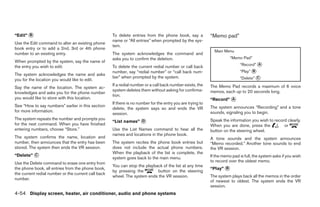 “Edit” ᭺
       B                                             To delete entries from the phone book, say a            “Memo pad”
                                                     name or “All entries” when prompted by the sys-
Use the Edit command to alter an existing phone
                                                     tem.
book entry or to add a 2nd, 3rd or 4th phone
                                                                                                               Main Menu
number to an existing entry.                         The system acknowledges the command and
                                                     asks you to confirm the deletion.                                  “Memo Pad”
When prompted by the system, say the name of
the entry you wish to edit.                          To delete the current redial number or call back                         “Record” ᭺
                                                                                                                                       A

                                                     number, say “redial number” or “call back num-                           “Play” ᭺
                                                                                                                                     B
The system acknowledges the name and asks
you for the location you would like to edit.
                                                     ber” when prompted by the system.                                        “Delete” ᭺
                                                                                                                                       C

                                                     If a redial number or a call back number exists, the    The Memo Pad records a maximum of 6 voice
Say the name of the location. The system ac-
                                                     system deletes them without asking for confirma-        memos, each up to 20 seconds long.
knowledges and asks you for the phone number
                                                     tion.
you would like to store with this location.                                                                  “Record” ᭺
                                                                                                                      A
                                                     If there is no number for the entry you are trying to
See “How to say numbers” earlier in this section                                                             The system announces “Recording” and a tone
                                                     delete, the system says so and ends the VR
for more information.                                                                                        sounds, signaling you to begin.
                                                     session.
The system repeats the number and prompts you
                                                     “List names” ᭺
                                                                  D                                          Speak the information you wish to record clearly.
for the next command. When you have finished                                                                 When you are done, press the           or
entering numbers, choose “Store.”                    Use the List Names command to hear all the              button on the steering wheel.
                                                     names and locations in the phone book.
The system confirms the name, location and                                                                   A tone sounds and the system announces
number, then announces that the entry has been       The system recites the phone book entries but           “Memo recorded.” Another tone sounds to end
stored. The system then ends the VR session.         does not include the actual phone numbers.              the VR session.
                                                     When the playback of the list is complete, the
“Delete” ᭺
         C                                                                                                   If the memo pad is full, the system asks if you wish
                                                     system goes back to the main menu.
Use the Delete command to erase one entry from                                                               to record over the oldest memo.
                                                     You can stop the playback of the list at any time
the phone book, all entries from the phone book,                                                             “Play” ᭺
                                                                                                                    B
                                                     by pressing the        button on the steering
the current redial number or the current call back
                                                     wheel. The system ends the VR session.                  The system plays back all the memos in the order
number.
                                                                                                             of newest to oldest. The system ends the VR
                                                                                                             session.
4-54 Display screen, heater, air conditioner, audio and phone systems




                                                                                    ੬ REVIEW COPY—2008 Maxima (max)
                                                                                    Owners Manual—USA_English (nna)
                                                                                    06/08/07—debbie ੭
 