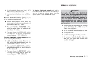 BREAK-IN SCHEDULE


 ● the vehicle slows down more than 8 MPH         To resume the preset speed, push and re-
                                                                                                                      CAUTION
   (13 km/h) below the set speed.                 lease the ACCEL/RES switch. The vehicle re-
                                                  turns to the last set cruising speed when the   During the first 1,200 miles (2,000 km),
 ● you move the shift selector lever to N (Neu-   vehicle speed is over 25 MPH (40 km/h).         follow these recommendations to obtain
   tral).                                                                                         maximum engine performance and en-
To reset at a faster cruising speed, use one                                                      sure the future reliability and economy of
of the following three methods.                                                                   your new vehicle. Failure to follow these
                                                                                                  recommendations may result in short-
 ● Depress the accelerator pedal. When the                                                        ened engine life and reduced engine
   vehicle attains the desired speed, push and                                                    performance.
   release the COAST/SET switch.
                                                                                                  ● Avoid driving for long periods at constant
 ● Push and hold the ACCEL/RES switch.                                                              speed, either fast or slow, and do not run the
   When the vehicle attains the speed you de-                                                       engine over 4,000 rpm.
   sire, release the switch.                                                                      ● Do not accelerate at full throttle in any gear.
 ● Push and release the ACCEL/RES switch.                                                         ● Avoid quick starts.
   Each time you do this, the set speed in-
   creases by about 1 MPH (1.6 km/h).                                                             ● Avoid hard braking as much as possible.
To reset at a slower cruising speed, use one                                                      ● Do not tow a trailer for the first 500 miles
of the following three methods.                                                                     (800 km). Your engine, axle or other parts
                                                                                                    could be damaged.
 ● Lightly tap the brake pedal. When the ve-
   hicle attains the desired speed, push the
   COAST/SET switch and release it.
 ● Push and hold the COAST/SET switch. Re-
   lease the switch when the vehicle slows to
   the desired speed.
 ● Push and release the COAST/SET switch.
   Each time you do this, the set speed de-
   creases by about 1 MPH (1.6 km/h).
                                                                                                                 Starting and driving 5-15




                                                                             ੬ REVIEW COPY—2008 Maxima (max)
                                                                             Owners Manual—USA_English (nna)
                                                                             06/08/07—debbie ੭
 