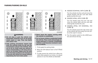 PARKING/PARKING ON HILLS


                                                                                                  ● HEADED DOWNHILL WITH CURB: ᭺
                                                                                                                               A

                                                                                                     Turn the wheels into the curb and move the
                                                                                                     vehicle forward until the curb side wheel
                                                                                                     gently touches the curb.
                                                                                                  ● HEADED UPHILL WITH CURB: ᭺
                                                                                                                             B

                                                                                                     Turn the wheels away from the curb and
                                                                                                     move the vehicle back until the curb side
                                                                                                     wheel gently touches the curb.
                                                                                                  ● HEADED UPHILL OR DOWNHILL, NO
                                                                                                    CURB: ᭺
                                                                                                          C

                                                                                                     Turn the wheels toward the side of the road
                                                                                                     so the vehicle will move away from the cen-
                                                                                     WSD0050
                                                                                                     ter of the road if it moves.
                 WARNING                     ● Never leave the engine running while               4. Turn the ignition switch to the LOCK posi-
                                               the vehicle is unattended.                            tion and remove the key.
● Do not stop or park the vehicle over
  flammable materials such as dry grass,     ● Do not leave children unattended inside
  waste paper or rags. They may ignite         the vehicle. They could unknowingly ac-
  and cause a fire.                            tivate switches or controls. Unattended
                                               children could become involved in seri-
● Safe parking procedures require that         ous accidents.
  both the parking brake be set and the
  transmission placed into P (Park). Fail-   1. Firmly apply the parking brake.
  ure to do so could cause the vehicle to
  move unexpectedly or roll away and re-     2. Move the shift selector lever to the P (Park)
  sult in an accident. Make sure the shift      position.
  lever has been pushed as far forward as
                                             3. To help prevent the vehicle from rolling into
  it can go and cannot be moved without
                                                traffic when parked on an incline, it is a good
  depressing the foot brake pedal.
                                                practice to turn the wheels as illustrated.
                                                                                                                Starting and driving 5-17




                                                                          ੬ REVIEW COPY—2008 Maxima (max)
                                                                          Owners Manual—USA_English (nna)
                                                                          06/08/07—debbie ੭
 