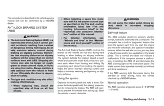 This procedure is described in the vehicle service      – When installing a spare tire, make                                  WARNING
manual and can be performed by a NISSAN                   sure that it is the proper size and type
dealer.                                                   as specified on the Tire and Loading           Do not pump the brake pedal. Doing so
                                                          Information label. See “Tire and               may result in increased stopping
ANTI-LOCK BRAKING SYSTEM                                  Loading Information label” in the              distances.
(ABS)                                                     “Technical and consumer informa-               Self-test feature
                                                          tion” section of this manual.
                    WARNING                                                                              The ABS includes electronic sensors, electric
                                                        – For detailed information, see
● The Anti-lock Braking System (ABS) is a                 “Wheels and tires” in the “Mainte-             pumps, hydraulic solenoids and a computer. The
  sophisticated device, but it cannot pre-                nance and do-it-yourself” section of           computer has a built-in diagnostic feature that
  vent accidents resulting from careless                  this manual.                                   tests the system each time you start the engine
  or dangerous driving techniques. It can                                                                and move the vehicle at a low speed in forward or
  help maintain vehicle control during               The Anti-lock Braking System (ABS) controls the     reverse. When the self-test occurs, you may hear
  braking on slippery surfaces. Remem-               brakes so the wheels do not lock during hard        a “clunk” noise and/or feel a pulsation in the brake
  ber that stopping distances on slippery            braking or when braking on slippery surfaces.       pedal. This is normal and does not indicate a
  surfaces will be longer than on normal             The system detects the rotation speed at each       malfunction. If the computer senses a malfunc-
  surfaces even with ABS. Stopping dis-              wheel and varies the brake fluid pressure to pre-   tion, it switches the ABS off and illuminates the
  tances may also be longer on rough,                vent each wheel from locking and sliding. By        ABS warning light on the instrument panel. The
  gravel or snow covered roads, or if you            preventing each wheel from locking, the system      brake system then operates normally, but without
  are using tire chains. Always maintain a           helps the driver maintain steering control and      anti-lock assistance.
  safe distance from the vehicle in front            helps to minimize swerving and spinning on slip-
  of you. Ultimately, the driver is respon-          pery surfaces.                                      If the ABS warning light illuminates during the
  sible for safety.                                                                                      self-test or while driving, have the vehicle
● Tire type and condition may also affect            Using the system                                    checked by a NISSAN dealer.
  braking effectiveness.                             Depress the brake pedal and hold it down. De-       Normal operation
   – When replacing tires, install the               press the brake pedal with firm steady pressure,
                                                     but do not pump the brakes. The ABS will oper-      The ABS operates at speeds above 3 - 6 MPH (5
     specified size of tires on all four
                                                     ate to prevent the wheels from locking up. Steer    - 10 km/h).
     wheels.
                                                     the vehicle to avoid obstacles.

                                                                                                                          Starting and driving 5-19




                                                                                  ੬ REVIEW COPY—2008 Maxima (max)
                                                                                  Owners Manual—USA_English (nna)
                                                                                  06/08/07—debbie ੭
 
