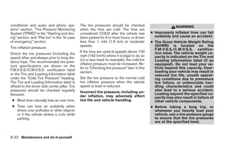 conditioner and audio and phone sys-             The tire pressures should be checked                           WARNING
tems” section, “Tire Pressure Monitoring         when the tires are cold. The tires are
System (TPMS)” in the “Starting and driv-        considered COLD after the vehicle has           ● Improperly inflated tires can fail
ing” section, and “Flat tire” in the “In case    been parked for 3 or more hours, or driven        suddenly and cause an accident.
of emergency” section.                           less than 1 mile (1.6 km) at moderate           ● The Gross Vehicle Weight Rating
                                                 speeds.                                           (GVWR) is located on the
Tire inflation pressure                                                                            F.M.V.S.S./C.M.V.S.S. certifica-
                                                 If the tires are used at speeds above 100         tion label. The vehicle weight ca-
Check the tire pressures (including the
                                                 mph (162 km/h) where it is legal to do so         pacity is indicated on the Tire and
spare) often and always prior to long dis-
                                                 (on a race track for example), the cold tire      Loading Information label (if so
tance trips. The recommended tire pres-
                                                 inflation pressure must be increased. Re-         equipped). Do not load your ve-
sure specifications are shown on the
                                                 fer to ЉChecking tire pressureЉ later in this     hicle beyond this capacity. Over-
F.M.V.S.S./C.M.V.S.S. certification label                                                          loading your vehicle may result in
                                                 section.
or the Tire and Loading Information label                                                          reduced tire life, unsafe operat-
under the ЉCold Tire PressureЉ heading.          Set the tire pressure to the normal cold          ing conditions due to premature
The Tire and Loading Information label is        tire inflation pressure when the vehicle          tire failure, or unfavorable han-
affixed to the driver side center pillar. Tire   speed or load is reduced.                         dling characteristics and could
pressures should be checked regularly                                                              also lead to a serious accident.
                                                 Incorrect tire pressure, including un-            Loading beyond the specified ca-
because:                                         der inflation, may adversely affect               pacity may also result in failure of
 ● Most tires naturally lose air over time.      tire life and vehicle handling.                   other vehicle components.
 ● Tires can lose air suddenly when                                                              ● Before taking a long trip, or
   driven over potholes or other objects                                                           whenever you heavily load your
   or if the vehicle strikes a curb while                                                          vehicle, use a tire pressure gauge
   parking.                                                                                        to ensure that the tire pressures
                                                                                                   are at the specified level.



8-32 Maintenance and do-it-yourself




                                                                            ੬ REVIEW COPY—2008 Maxima (max)
                                                                            Owners Manual—USA_English (nna)
                                                                            06/08/07—debbie ੭
 