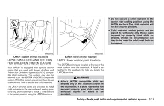 ● Do not secure a child restraint in the
                                                                                                               center rear seating position using the
                                                                                                               LATCH anchors. The child restraint will
                                                                                                               not be secured properly.
                                                                                                             ● Child restraint anchor points are de-
                                                                                                               signed to withstand only those loads
                                                                                                               imposed by correctly fitted child re-
                                                                                                               straints. Under no circumstance are
                                                                                                               they to be used for adult seat belts or
                                                                                                               harnesses.



                                           WRS0718                                              WRS0700
       LATCH system anchor locations                             LATCH lower anchor location
LOWER ANCHORS AND TETHERS                                 LATCH lower anchor point locations
FOR CHILDREN SYSTEM (LATCH)                               The LATCH anchors are located at the rear of the
Your vehicle is equipped with special anchor              seat cushion near the seatback. A label is at-
points that are used with Lower Anchors and               tached to the seatback to help you locate the
Tethers for CHildren System (LATCH) compat-               LATCH anchors.
ible child restraints. This system may also be
referred to as the ISOFIX or ISOFIX compatible                               WARNING
system. With this system, you do not have to use
                                                          ● Attach LATCH compatible child re-
a vehicle seat belt to secure the child restraint.
                                                            straints only at the locations shown in
The LATCH anchor points are provided to install             the illustration. If a child restraint is not
child restraints in the rear outboard seating posi-         secured properly, your child could be
tions only. Do not attempt to install a child restraint     seriously injured or killed in an
in the center position using the LATCH anchors.             accident.

                                                                             Safety—Seats, seat belts and supplemental restraint system 1-19




                                                                                      ੬ REVIEW COPY—2008 Maxima (max)
                                                                                      Owners Manual—USA_English (nna)
                                                                                      06/08/07—debbie ੭
 