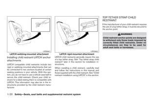 TOP TETHER STRAP CHILD
                                                                                                                 RESTRAINT
                                                                                                                 If the manufacturer of your child restraint requires
                                                                                                                 the use of a top tether strap, it must be secured to
                                                                                                                 the anchor point.

                                                                                                                                      WARNING
                                                                                                                 Child restraint anchor points are designed
                                                                                                                 to withstand only those loads imposed by
                                                                                                                 correctly fitted child restraints. Under no
                                                                                                                 circumstances are they to be used for
                                                                                                                 adult seat belts or harnesses.
                                            LRS0661                                                 LRS0662
   LATCH webbing-mounted attachment                            LATCH rigid-mounted attachment
Installing child restraint LATCH anchor                  LATCH child restraints generally require the use
                                                         of a top tether strap. See “Top tether strap child
attachments                                              restraint” later in this section for installation in-
LATCH compatible child restraints include two            structions.
rigid or webbing-mounted attachments that can            When installing a child restraint, carefully read
be connected to two anchors located at certain           and follow the instructions in this manual and
seating positions in your vehicle. With this sys-        those supplied with the child restraint. See “Child
tem, you do not have to use a vehicle seat belt to       restraint installation using LATCH” in this section.
secure the child restraint. Check your child re-
straint for a label stating that it is compatible with
LATCH. This information may also be in the in-
structions provided by the child restraint manu-
facturer.


1-20 Safety—Seats, seat belts and supplemental restraint system




                                                                                        ੬ REVIEW COPY—2008 Maxima (max)
                                                                                        Owners Manual—USA_English (nna)
                                                                                        06/08/07—debbie ੭
 