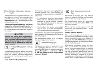 Engine oil pressure warning                 The Intelligent Key system warning light blinks                   Low tire pressure warning
           light                                       red if the Intelligent Key is taken outside of the                light
                                                       vehicle while the ignition switch is in the ACC or
This light warns of low engine oil pressure. If the    ON position.                                           Your vehicle is equipped with a Tire Pressure
light flickers or comes on during normal driving,                                                             Monitoring System (TPMS) that monitors the tire
pull off the road in a safe area, stop the engine       ● If the Intelligent Key system warning light         pressure of all tires except the spare.
immediately and call a NISSAN dealer or other             blinks, make sure of the location of the Intel-
                                                          ligent Key as soon as possible. The Intelli-        The low tire pressure warning light warns of low
authorized repair shop.
                                                          gent Key should be carried by the driver            tire pressure or indicates that the TPMS is not
The engine oil pressure warning light is not              while operating the vehicle.                        functioning properly.
designed to indicate a low oil level. Use the
                                                        ● The Intelligent Key system warning light            After the ignition switch is placed in the ON
dipstick to check the oil level. See “Engine oil” in
                                                          turns off about 10 seconds after the Intelli-       position, this light illuminates for about 1 second
the “Maintenance and do-it-yourself” section of
                                                          gent Key is brought inside the vehicle.             and turns off.
this manual.
                                                       The Intelligent Key system warning light blinks        Low tire pressure warning:
                      CAUTION                          green indicating that the Intelligent Key battery is   If the vehicle is being driven with low tire pres-
Running the engine with the engine oil                 almost discharged.                                     sure, the warning light will illuminate. If you select
pressure warning light on could cause se-              See “Intelligent Key system” in the “Pre-driving       the tire pressure information in the display (if so
rious damage to the engine almost imme-                checks and adjustments” section.                       equipped), the LOW PRESSURE warning mes-
diately. Such damage is not covered by                                                                        sage will be displayed. The tire pressure for each
warranty. Turn off the engine as soon as it                       Low fuel warning light                      tire will also be displayed.
is safe to do so.
                                                                                                              When the low tire pressure warning light illumi-
                                                       This light comes on when the fuel level in the fuel
           Intelligent Key system warning              tank is getting low. Refuel as soon as it is conve-
                                                                                                              nates, you should stop and adjust the tire pres-
           light                                                                                              sure to the recommended COLD tire pressure
                                                       nient, preferably before the fuel gauge reaches E      shown on the Tire and Loading Information label.
The Intelligent Key system warning light illumi-       (Empty). There will be a small reserve of fuel         The low tire pressure warning light does not
nates green when the ignition switch can be            in the tank when the fuel gauge needle                 automatically turn off when the tire pressure is
turned. The Intelligent Key system warning light       reaches E (Empty).                                     adjusted. After the tire is inflated to the recom-
illuminates red when the ignition switch cannot                                                               mended pressure, the vehicle must be driven at
be turned.                                                                                                    speeds above 16 MPH (25 km/h) to activate the
2-12 Instruments and controls




                                                                                      ੬ REVIEW COPY—2008 Maxima (max)
                                                                                      Owners Manual—USA_English (nna)
                                                                                      06/09/07—cathy ੭
 