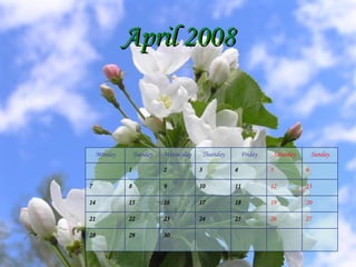 April   2008 30 29 28 27 26 25 24 23 22 21 20 19 18 17 16 15 14 13 12 11 10 9 8 7 6 5 4 3 2 1 Sunday Saturday Friday Thursday Wednesday Tuesday Monday 