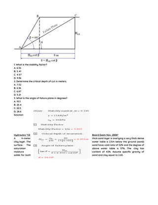 1. What is the stability factor?
A. 6.32
B. 5.41
C. 4.57
D. 9.36
2. Determine the critical depth of cut in meters.
A. 7.52
B. 6.36
C. 6.87
D. 5.21
3. What is the angle of failure plane in degrees?
A. 19.5
B. 25.4
C. 22.5
D. 28.6
Solution:
Hydraulics “CE Board Exam Nov. 2008″
A 4-meter thick sand layer is overlying a very thick dense
clay layer. The water table is 2.5m below the ground (sand)
surface. The sand have void ratio of 52% and the degree of
saturation above water table is 37%. The clay has
moisture content of 42%. Assume specific gravity of
solids for both sand and clay equal to 2.65.
 