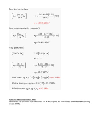 Hydraulics “CE Board Exam Nov. 2008″
A triaxial test was conducted on a cohesionless soil. At failure plane, the normal stress is 500kPa and the shearing
stress is 300kPa.
 