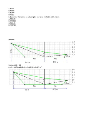 A. 12.586
B. 10.685
C. 13.475
D. 15.663
3. Determine the volume of cut using the end-area method in cubic meter.
A. 1,856.36
B. 1,748.25
C. 1,625.36
D. 1,997.58
Solution:
Station 1000 + 100
A = ½ [4(2.75)+1(9.45)+1(4.5)+4(0.5)] = 13.475 m2
 