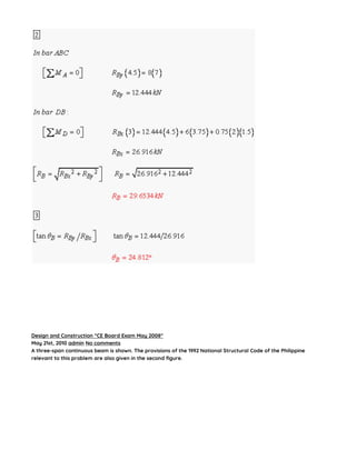 Design and Construction “CE Board Exam May 2008″
May 21st, 2010 admin No comments
A three-span continuous beam is shown. The provisions of the 1992 National Structural Code of the Philippine
relevant to this problem are also given in the second figure.
 