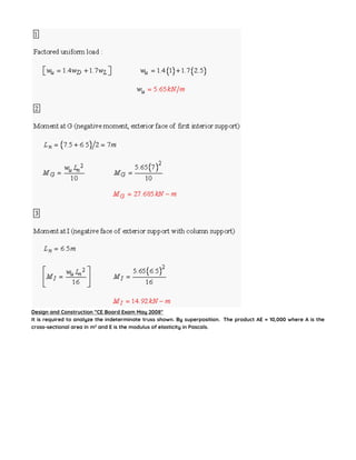 Design and Construction “CE Board Exam May 2008″
It is required to analyze the indeterminate truss shown. By superposition. The product AE = 10,000 where A is the
cross-sectional area in m2
and E is the modulus of elasticity in Pascals.
 