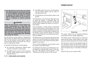 POWER OUTLET


● The hill descent control may not control         ● the 4WD switch must be in the 4H position
  the vehicle speed on a hill under all load         and the vehicle speed must be under 21
  or road conditions. Always be prepared             mph (35 km/h), and
  to depress the brake pedal to control            ● the hill descent control system switch must
  vehicle speed. Failure to do so may re-            be ON.
  sult in a collision or serious personal
  injury.                                         The hill descent control indicator light will come
                                                  on when the system is activated. Also, the
                                                  stop/tail lights illuminate while the hill descent
                     CAUTION                      control system applies the brakes to control ve-
When the hill descent control system op-          hicle speed.
erates continuously for a long time, the
                                                  If the accelerator or brake pedal is depressed
temperature of the brake pads may in-
                                                  while the hill descent control system is on, the
crease and the hill descent control system
                                                  system will stop operating temporarily. As soon
may be temporarily disabled (the indicator                                                                                                          WIC1268
                                                  as the accelerator or brake pedal is released, the
light will blink). If the indicator light does                                                                              Front row
                                                  hill descent control system begins to function
not come on continuously after blinking,
                                                  again if the hill descent control operating condi-       The power outlets are for powering electrical
stop using the system.
                                                  tions are fulfilled.                                     accessories such as cellular telephones.
The hill descent control system is designed to    The hill descent control indicator light blinks if the   The bottom power outlet located on instrument
reduce driver workload when going down steep      switch is on and all conditions for system activa-       panel and the power outlet located in the cargo
hills. The hill descent control system helps to   tion are not met or if the system becomes disen-         area are powered directly by the vehicle’s battery.
control vehicle speed so the driver can concen-   gaged for any reason.
trate on steering the vehicle.                                                                             The top power outlet (if so equipped) located on
                                                  To turn off the hill descent control system, push        the instrument panel and the power outlet lo-
To activate the hill descent control system:      the switch to the OFF position.                          cated inside the center console are powered only
 ● the automatic transmission selector lever      For additional information, see “Hill descent con-       when the ignition key is in the ACC or ON posi-
   must be in forward or reverse gear,            trol system on indicator light” earlier in this sec-     tion.
 ● the 4WD switch must be in the 4L position      tion and “Hill descent control system” in the
                                                                                                           Open the cap to use a power outlet.
   and the vehicle speed must be under 15         “Starting and driving” section of this manual.
   mph (25 km/h) or
2-34 Instruments and controls




                                                                                  ੬ REVIEW COPY—2008 Pathfinder (pat)
                                                                                  Owners Manual—USA_English (nna)
                                                                                  10/01/07—debbie ੭
 