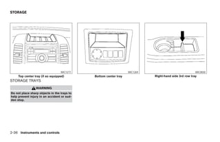 STORAGE




                                  WIC1277                         WIC1269                                WIC0830
     Top center tray (if so equipped)        Bottom center tray               Right-hand side 3rd row tray
STORAGE TRAYS
                 WARNING
Do not place sharp objects in the trays to
help prevent injury in an accident or sud-
den stop.




2-36 Instruments and controls




                                                          ੬ REVIEW COPY—2008 Pathfinder (pat)
                                                          Owners Manual—USA_English (nna)
                                                          10/01/07—debbie ੭
 