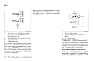 KEYS


                                                         A key number is only necessary when you have
                                                         lost all keys and do not have one to duplicate
                                                         from. If you still have a key, your NISSAN dealer
                                                         can duplicate it.




                                           WPD0128                                                                                                      LPD0350
1.    Two master keys (black) with transpon-                                                                 1.    Two Intelligent Keys
      der chip and chrome NISSAN brand                                                                       2.    Mechanical keys (inside Intelligent
      symbol on one side                                                                                           Keys)
2.    Valet key (black) with transponder chip                                                                3.    Key number plate
3.    Key number plate                                                                                       INTELLIGENT KEYS (if so equipped)
4.    Transponder chip
                                                                                                             Your vehicle can only be driven with the Intelligent
A key number plate is supplied with your keys.
                                                                                                             Keys which are registered to your vehicle’s Intel-
Record the key number and keep it in a safe place
                                                                                                             ligent Key system components and NISSAN Ve-
(such as your wallet), not in the vehicle. If you lose
                                                                                                             hicle Immobilizer System components.
your keys, see a NISSAN dealer for duplicates by
using the key number. NISSAN does not record                                                                 Never leave these keys in the vehicle.
key numbers so it is very important to keep track
                                                                                                             As many as 4 Intelligent Keys can be registered
of your key number plate.
                                                                                                             and used with one vehicle. The new keys must be
                                                                                                             registered by a NISSAN dealer prior to use with
3-2 Pre-driving checks and adjustments




                                                                                      ੬ REVIEW COPY—2008 Pathfinder (pat)
                                                                                      Owners Manual—USA_English (nna)
                                                                                      10/01/07—debbie ੭
 