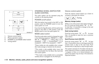 STEERING WHEEL SWITCH FOR                              Volume control switch
                                         AUDIO CONTROL                                          Push the volume control switch up or down to
                                         The audio system can be operated using the             increase or decrease the volume.
                                         controls on the steering wheel.
                                                                                                                      Tuning
                                         POWER on/off switch
                                                                                                Memory change (radio):
                                         With the ignition key turned to the ACC or ON
                                         position, push the POWER switch to turn the            While in one of the preset radio station banks (A,
                                         audio system on or off.                                B or C), push the tuning switch          or
                                                                                                for less than 1.5 seconds to change to the next
                                         If you have the Type B switch, with the ignition key   preset station in memory.
                                         turned to the ACC or ON position, push the
                                         MODE switch to turn the audio system on.               Seek tuning (radio):
                              WHA0612
                                         MODE select switch                                     Push the tuning switch      or       for more
                Type B
                                                                                                than 1.5 seconds to seek the next or previous
1.   Volume control switch               Push the mode select switch to change the mode         radio station.
2.   Phone operation switch              in the following sequence: PRESET A → PRE-
3.   POWER on and MODE select switch     SET B → PRESET C → Music Box** (if so                  Next/Previous track (CD/CF):
4.   Tuning switch                       equipped) → CD* → CompactFlash™* (if so                Push the tuning switch          or        for less
                                         equipped) → DVD* (if so equipped) → AUX***.            than 1.5 seconds to return to the beginning of the
                                         *These modes are only available when compat-           present track or skip to the next track. Push
                                         ible media storage is inserted into the device.        several times to skip back or skip through tracks.

                                         **This mode is only available when music has           This system searches for the blank intervals be-
                                         been downloaded into the Music Box hard-disk           tween selections. If there is a blank interval within
                                         drive audio system.                                    1 program or there is no interval between pro-
                                                                                                grams, the system may not stop in the desired or
                                         ***This mode is only available when a compatible       expected location.
                                         auxiliary device is plugged into the AUX jack.

4-86 Monitor, climate, audio, phone and voice recognition systems




                                                                        ੬ REVIEW COPY—2008 Pathfinder (pat)
                                                                        Owners Manual—USA_English (nna)
                                                                        10/01/07—debbie ੭
 