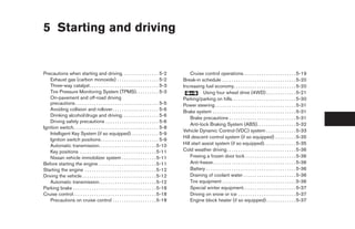 5 Starting and driving


Precautions when starting and driving. . . . . . . . . . . . . . . . 5-2                           Cruise control operations. . . . . . . . . . . . . . . . . . . . . . . 5-19
   Exhaust gas (carbon monoxide) . . . . . . . . . . . . . . . . . . 5-2                       Break-in schedule . . . . . . . . . . . . . . . . . . . . . . . . . . . . . . . . 5-20
   Three-way catalyst. . . . . . . . . . . . . . . . . . . . . . . . . . . . . . 5-3           Increasing fuel economy. . . . . . . . . . . . . . . . . . . . . . . . . . . 5-20
   Tire Pressure Monitoring System (TPMS). . . . . . . . . . 5-3                                           Using four wheel drive (4WD) . . . . . . . . . . . . . 5-21
   On-pavement and off-road driving                                                            Parking/parking on hills. . . . . . . . . . . . . . . . . . . . . . . . . . . . 5-30
   precautions . . . . . . . . . . . . . . . . . . . . . . . . . . . . . . . . . . . . 5-5     Power steering . . . . . . . . . . . . . . . . . . . . . . . . . . . . . . . . . . . 5-31
   Avoiding collision and rollover . . . . . . . . . . . . . . . . . . . . 5-6                 Brake system . . . . . . . . . . . . . . . . . . . . . . . . . . . . . . . . . . . . 5-31
   Drinking alcohol/drugs and driving. . . . . . . . . . . . . . . . 5-6
                                                                                                   Brake precautions . . . . . . . . . . . . . . . . . . . . . . . . . . . . . 5-31
   Driving safety precautions . . . . . . . . . . . . . . . . . . . . . . . 5-6
                                                                                                   Anti-lock Braking System (ABS). . . . . . . . . . . . . . . . . 5-32
Ignition switch. . . . . . . . . . . . . . . . . . . . . . . . . . . . . . . . . . . . . 5-8
                                                                                               Vehicle Dynamic Control (VDC) system . . . . . . . . . . . . . 5-33
   Intelligent Key System (if so equipped) . . . . . . . . . . . . 5-9
                                                                                               Hill descent control system (if so equipped) . . . . . . . . . 5-35
   Ignition switch positions . . . . . . . . . . . . . . . . . . . . . . . . . 5-9
   Automatic transmission. . . . . . . . . . . . . . . . . . . . . . . . . 5-10                Hill start assist system (if so equipped). . . . . . . . . . . . . . 5-35
   Key positions . . . . . . . . . . . . . . . . . . . . . . . . . . . . . . . . . 5-11        Cold weather driving . . . . . . . . . . . . . . . . . . . . . . . . . . . . . . 5-36
   Nissan vehicle immobilizer system . . . . . . . . . . . . . . . 5-11                            Freeing a frozen door lock . . . . . . . . . . . . . . . . . . . . . . 5-36
Before starting the engine . . . . . . . . . . . . . . . . . . . . . . . . . 5-11                  Anti-freeze . . . . . . . . . . . . . . . . . . . . . . . . . . . . . . . . . . . . 5-36
Starting the engine . . . . . . . . . . . . . . . . . . . . . . . . . . . . . . . 5-12             Battery . . . . . . . . . . . . . . . . . . . . . . . . . . . . . . . . . . . . . . . 5-36
Driving the vehicle . . . . . . . . . . . . . . . . . . . . . . . . . . . . . . . . 5-12           Draining of coolant water . . . . . . . . . . . . . . . . . . . . . . . 5-36
   Automatic transmission. . . . . . . . . . . . . . . . . . . . . . . . . 5-12                    Tire equipment . . . . . . . . . . . . . . . . . . . . . . . . . . . . . . . . 5-36
Parking brake . . . . . . . . . . . . . . . . . . . . . . . . . . . . . . . . . . . . 5-18         Special winter equipment. . . . . . . . . . . . . . . . . . . . . . . 5-37
Cruise control . . . . . . . . . . . . . . . . . . . . . . . . . . . . . . . . . . . . 5-18        Driving on snow or ice . . . . . . . . . . . . . . . . . . . . . . . . . 5-37
   Precautions on cruise control . . . . . . . . . . . . . . . . . . . 5-18                        Engine block heater (if so equipped) . . . . . . . . . . . . . 5-37




                                                                                                ੬ REVIEW COPY—2008 Pathfinder (pat)
                                                                                                Owners Manual—USA_English (nna)
                                                                                                10/01/07—debbie ੭
 