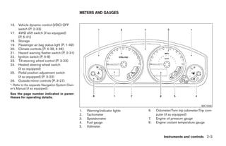 METERS AND GAUGES


16.   Vehicle dynamic control (VDC) OFF
      switch (P. 2-33)
17.   4WD shift switch (if so equipped)
      (P. 5-21)
18.   Storage
19.   Passenger air bag status light (P. 1-49)
20.   Climate controls (P. 4-39, 4-46)
21.   Hazard warning flasher switch (P. 2-31)
22.   Ignition switch (P. 5-8)
23.   Tilt steering wheel control (P. 3-23)
24.   Heated steering wheel switch
      (if so equipped)
25.   Pedal position adjustment switch
      (if so equipped) (P. 3-23)
26.   Outside mirror controls (P. 3-27)
*: Refer to the separate Navigation System Own-
er’s Manual (if so equipped).
See the page number indicated in paren-
theses for operating details.

                                                                                                                             WIC1040
                                                  1.   Warning/indicator lights            6.   Odometer/Twin trip odometer/Trip com-
                                                  2.   Tachometer                               puter (if so equipped)
                                                  3.   Speedometer                         7.   Engine oil pressure gauge
                                                  4.   Fuel gauge                          8.   Engine coolant temperature gauge
                                                  5.   Voltmeter


                                                                                                     Instruments and controls 2-3




                                                                             ੬ REVIEW COPY—2008 Pathfinder (pat)
                                                                             Owners Manual—USA_English (nna)
                                                                             10/01/07—debbie ੭
 