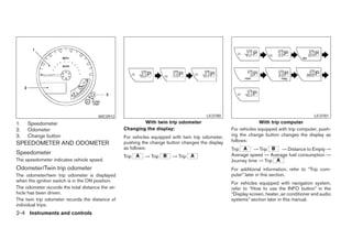 WIC0912                                           LIC0780                                             LIC0781
1.   Speedometer                                          With twin trip odometer                                With trip computer
2.   Odometer                                     Changing the display:                            For vehicles equipped with trip computer, push-
3.   Change button                                For vehicles equipped with twin trip odometer,   ing the change button changes the display as
                                                                                                   follows:
SPEEDOMETER AND ODOMETER                          pushing the change button changes the display
                                                  as follows:                                      Trip       → Trip    → Distance to Empty →
Speedometer                                                                                        Average speed → Average fuel consumption →
                                                  Trip     → Trip       → Trip
The speedometer indicates vehicle speed.                                                           Journey time → Trip
Odometer/Twin trip odometer                                                                        For additional information, refer to “Trip com-
The odometer/twin trip odometer is displayed                                                       puter” later in this section.
when the ignition switch is in the ON position.                                                    For vehicles equipped with navigation system,
The odometer records the total distance the ve-                                                    refer to “How to use the INFO button” in the
hicle has been driven.                                                                             “Display screen, heater, air conditioner and audio
The twin trip odometer records the distance of                                                     systems” section later in this manual.
individual trips.
2-4 Instruments and controls




                                                                             ੬ REVIEW COPY—2008 Pathfinder (pat)
                                                                             Owners Manual—USA_English (nna)
                                                                             10/02/07—debbie ੭
 