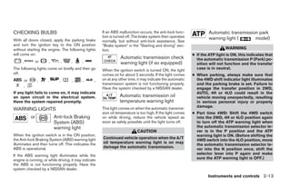 CHECKING BULBS                                         If an ABS malfunction occurs, the anti-lock func-               Automatic transmission park
                                                       tion is turned off. The brake system then operates              warning light (      model)
With all doors closed, apply the parking brake         normally, but without anti-lock assistance. See
and turn the ignition key to the ON position           ЉBrake systemЉ in the ЉStarting and drivingЉ sec-
without starting the engine. The following lights      tion.                                                                    WARNING
will come on:                                                                                                 ● If the ATP light is ON, this indicates that
                                                                  Automatic transmission check                  the automatic transmission P (Park) po-
     ,         or      ,         ,   ,     ,                      warning light (if so equipped)                sition will not function and the transfer
The following lights come on briefly and then go       When the ignition switch is turned ON, the light         case is in neutral.
off:                                                   comes on for about 2 seconds. If the light comes       ● When parking, always make sure that
         or        ,   ,     ,       ,      ,      ,   on at any other time, it may indicate the automatic      the 4WD shift indicator light illuminates
                                                       transmission system is not functioning properly.         and the parking brake is set. Failure to
         ,
                                                       Have the system checked by a NISSAN dealer.              engage the transfer position in 2WD,
If any light fails to come on, it may indicate                                                                  AUTO, 4H or 4LO could result in the
an open circuit in the electrical system.                         Automatic transmission oil                    vehicle moving unexpectedly, resulting
Have the system repaired promptly.                                temperature warning light                     in serious personal injury or property
                                                       This light comes on when the automatic transmis-         damage.
WARNING LIGHTS
                                                       sion oil temperature is too high. If the light comes   ● Part time 4WD: Shift the 4WD switch
              or           Anti-lock Braking           on while driving, reduce the vehicle speed as            into the 2WD, 4H or 4LO position again
                           System (ABS)                soon as safely possible until the light turns off.       to turn off the ATP warning light when
                           warning light                                                                        the automatic transmission selector le-
                                                                             CAUTION                            ver is in the P position and the ATP
When the ignition switch is in the ON position,                                                                 warning light is ON. (Before shifting the
the Anti-lock Braking System (ABS) warning light       Continued vehicle operation when the A/T
                                                                                                                4WD switch into the 4LO position, move
illuminates and then turns off. This indicates the     oil temperature warning light is on may
                                                                                                                the automatic transmission selector le-
ABS is operational.                                    damage the automatic transmission.
                                                                                                                ver into the N position once, shift the
If the ABS warning light illuminates while the                                                                  selector lever into P again and make
engine is running, or while driving, it may indicate                                                            sure the ATP warning light is OFF.)
the ABS is not functioning properly. Have the
system checked by a NISSAN dealer.
                                                                                                                      Instruments and controls 2-13




                                                                                      ੬ REVIEW COPY—2008 Pathfinder (pat)
                                                                                      Owners Manual—USA_English (nna)
                                                                                      10/02/07—debbie ੭
 