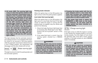 ● All mode 4WD: The warning light may                 Parking brake indicator                                ● Pressing the brake pedal with the en-
  come on when the ignition switch is ON              When the ignition key is in the ON position, the         gine stopped and/or a low brake fluid
  and the automatic transmission lever is             light comes on when the parking brake is applied.        level may increase your stopping dis-
  shifted to the P position while shifting                                                                     tance and braking will require greater
  the transfer case between 4H and 4LO.               Low brake fluid warning light                            pedal effort as well as pedal travel.
  Shift the 4WD shift switch to the 2WD,              When the ignition key is in the ON position, the       ● If the brake fluid      level is below the
  AUTO, 4H, or 4LO position again to turn
                                                      light warns of a low brake fluid level. If the light     MINIMUM or MIN          mark on the brake
  off the ATP warning light when the
                                                      comes on while the engine is running with the            fluid reservoir, do     not drive until the
  warning light comes on. (Before shift-
                                                      parking brake not applied, stop the vehicle and          brake system has        been checked at a
  ing the 4WD switch into the 4LO posi-
                                                      perform the following:                                   NISSAN dealer.
  tion or out of 4LO in the 4H position,
  move the automatic transmission se-                  1. Check the brake fluid level. Add brake fluid                 Charge warning light
  lector lever into the N position.) Shift                as necessary. See “Brake fluid” in the “Main-
  the selector lever into the P position                  tenance and do-it-yourself” section of this
  and make sure that the 4WD shift indi-                                                                     If this light comes on while the engine is running,
                                                          manual.                                            it may indicate the charging system is not func-
  cator light is ON and the ATP warning
  light is OFF.)                                       2. If the brake fluid level is correct, have the      tioning properly. Turn the engine off and check
                                                          warning system checked by a NISSAN                 the generator belt. If the belt is loose, broken,
This light indicates that the automatic transmis-         dealer.                                            missing, or if the light remains on, see a NISSAN
sion parking function is not engaged. If the trans-                                                          dealer immediately.
fer control is not secured in any drive position                           WARNING
while the automatic transmission selector lever is                                                                                CAUTION
in the P (Park) position, the transmission will       ● Your brake system may not be working
                                                        properly if the warning light is on. Driv-           ● Do not ground electrical accessories
disengage and the drive wheels will not lock.
                                                        ing could be dangerous. If you judge it                directly to the battery terminal. Doing
          or             Brake warning light            to be safe, drive carefully to the nearest             so will bypass the variable control sys-
                                                        service station for repairs. Otherwise,                tem and the vehicle battery may not
                                                        have your vehicle towed because driv-                  charge completely. Refer to “Variable
This light functions for both the parking brake and
                                                        ing it could be dangerous.                             voltage control system” in the “Mainte-
the foot brake systems.                                                                                        nance and do-it-yourself” section later
                                                                                                               in this manual.

2-14 Instruments and controls




                                                                                     ੬ REVIEW COPY—2008 Pathfinder (pat)
                                                                                     Owners Manual—USA_English (nna)
                                                                                     10/02/07—debbie ੭
 