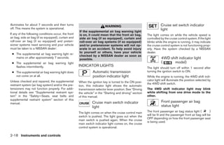 illuminates for about 7 seconds and then turns
                                                                          WARNING                                     Cruise set switch indicator
off. This means the system is operational.                                                                            light
                                                      If the supplemental air bag warning light
If any of the following conditions occur, the front   is on, it could mean that the front air bag,         The light comes on while the vehicle speed is
air bag, side air bag (if so equipped), curtain and   side air bag (if so equipped), curtain and           controlled by the cruise control system. If the light
roll-over air bag (if so equipped) and preten-        roll-over air bag systems (if so equipped)           blinks while the engine is running, it may indicate
sioner systems need servicing and your vehicle        and/or pretensioner systems will not op-             the cruise control system is not functioning prop-
must be taken to a NISSAN dealer:                     erate in an accident. To help avoid injury           erly. Have the system checked by a NISSAN
                                                      to yourself or others, have your vehicle             dealer.
 ● The supplemental air bag warning light re-
                                                      checked by a NISSAN dealer as soon as
   mains on after approximately 7 seconds.
                                                      possible.                                                       4WD shift indicator light
 ● The supplemental air bag warning light                                                                             (     model)
   flashes intermittently.                            INDICATOR LIGHTS
                                                                                                           The light should turn off within 1 second after
 ● The supplemental air bag warning light does                   Automatic transmission                    turning the ignition switch to ON.
   not come on at all.                                           position indicator light                  While the engine is running, the 4WD shift indi-
Unless checked and repaired, the supplemental                                                              cator light will illuminate the position selected by
                                                      When the ignition key is turned to the ON posi-      the 4WD shift switch.
restraint system (air bag system) and/or the pre-     tion, this indicator light shows the automatic
tensioners may not function properly. For addi-       transmission selector lever position. See “Driving   The 4WD shift indicator light may blink
tional details see “Supplemental restraint sys-       the vehicle” in the “Starting and driving” section   while shifting from one drive mode to the
tem” in the “Safety—Seats, seat belts and             of this manual.                                      other.
supplemental restraint system” section of this
manual.                                                         Cruise main switch indicator                          Front passenger air bag
                                                                light                                                 status light
                                                      The light comes on when the cruise control main      The front passenger air bag status light (        )
                                                                                                           will be lit and the passenger front air bag will be
                                                      switch is pushed. The light goes out when the
                                                                                                           OFF depending on how the front passenger seat
                                                      main switch is pushed again. When the cruise
                                                                                                           is being used.
                                                      main switch indicator light comes on, the cruise
                                                      control system is operational.

2-18 Instruments and controls




                                                                                    ੬ REVIEW COPY—2008 Pathfinder (pat)
                                                                                    Owners Manual—USA_English (nna)
                                                                                    10/01/07—debbie ੭
 