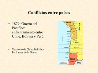 Conflictos entre países 1879: Guerra del Pacífico: enfrentamiento entre Chile, Bolivia y Perú. Territorio de Chile, Bolivia y Perú antes de la Guerra 
