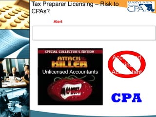 Tax Preparer Licensing – Risk to
CPAs?
Unlicensed Accountants
Unlicensed accountants are using tax preparer
legislation as step to second-tier accounting license.
Accredited
Business
Accountant
Alert to State CPA Society Executives:
CPA
VS
 