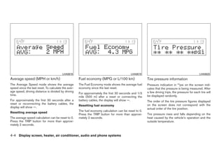 LHA0618                                           LHA0619                                               LHA0620
Average speed (MPH or km/h)                          Fuel economy (MPG or L/100 km)                    Tire pressure information
The Average Speed mode shows the average             The Fuel Economy mode shows the average fuel      Pressure indication in **psi on the screen indi-
speed since the last reset. To calculate the aver-   economy since the last reset.                     cates that the pressure is being measured. After
age speed, driving distance is divided by driving                                                      a few driving trips, the pressure for each tire will
                                                     For approximately the first 30 seconds and 1/3
time.                                                                                                  be displayed randomly.
                                                     mile (500 m) after a reset or connecting the
For approximately the first 30 seconds after a       battery cables, the display will show —.          The order of the tire pressure figures displayed
reset or reconnecting the battery cables, the                                                          on the screen does not correspond with the
                                                     Resetting fuel economy
display will show —.                                                                                   actual order of the tire position.
                                                     The fuel economy calculation can be reset to 0.
Resetting average speed
                                                     Press the TRIP button for more than approxi-      Tire pressure rises and falls depending on the
The average speed calculation can be reset to 0.     mately 2 seconds.                                 heat caused by the vehicle’s operation and the
Press the TRIP button for more than approxi-                                                           outside temperature.
mately 2 seconds.


4-4 Display screen, heater, air conditioner, audio and phone systems




                                                                                 ੬ REVIEW COPY—2008 Quest (van)
                                                                                 Owners Manual—USA_English (nna)
                                                                                 06/29/07—debbie ੭
 