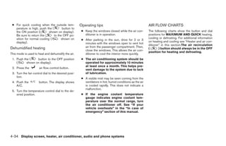 ● For quick cooling when the outside tem-           Operating tips                                       AIR FLOW CHARTS
   perature is high, push the        button to
   the ON position (        shown on display).        ● Keep the windows closed while the air con-        The following charts show the button and dial
   Be sure to return the       to the OFF po-           ditioner is in operation.                         positions for MAXIMUM AND QUICK heating,
   sition for normal cooling (      shown on                                                              cooling or defrosting. For additional information
                                                      ● After parking in the sun, drive for 2 or 3
   display).                                                                                              on heating and cooling see “Heater and air con-
                                                        minutes with the windows open to vent hot
                                                                                                          ditioner” in this section.The air recirculation
Dehumidified heating                                    air from the passenger compartment. Then,
                                                                                                          (       ) button should always be in the OFF
                                                        close the windows. This allows the air con-
                                                                                                          position for heating and defrosting.
This mode is used to heat and dehumidify the air.       ditioner to cool the interior more quickly.
 1. Push the      button to the OFF position          ● The air conditioning system should be
    (      shown on display).                           operated for approximately 10 minutes
                                                        at least once a month. This helps pre-
 2. Press the         air flow control button.
                                                        vent damage to the system due to lack
 3. Turn the fan control dial to the desired posi-      of lubrication.
    tion.
                                                      ● A visible mist may be seen coming from the
 4. Push the          button. The display shows         ventilators in hot, humid conditions as the air
    A/C.                                                is cooled rapidly. This does not indicate a
                                                        malfunction.
 5. Turn the temperature control dial to the de-
    sired position.                                   ● If the engine coolant temperature
                                                        gauge indicates engine coolant tem-
                                                        perature over the normal range, turn
                                                        the air conditioner off. See “If your
                                                        vehicle overheats” in the “In case of
                                                        emergency” section of this manual.




4-34 Display screen, heater, air conditioner, audio and phone systems




                                                                                  ੬ REVIEW COPY—2008 Quest (van)
                                                                                  Owners Manual—USA_English (nna)
                                                                                  06/29/07—debbie ੭
 