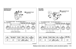 WHA0644                                                       WHA0645

 Display screen, heater, air conditioner, audio and phone systems 4-35




            ੬ REVIEW COPY—2008 Quest (van)
            Owners Manual—USA_English (nna)
            06/29/07—debbie ੭
 